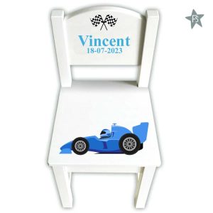 Geboortestoeltje met naam en race auto blauw