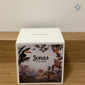 Houten spaarpot " jungle "  met naam