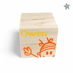Houten spaarpot met naam en afbeelding jongen