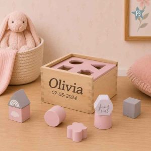 Kraamcadeau met naam | Label Label roze houten vormenstoof ( met naam en geboortegegevens )