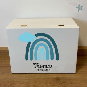 Herinneringen kist met naam en regenboog mint groen
