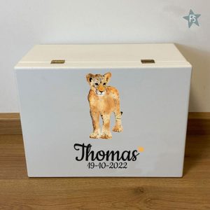 Herinneringen kist met naam en stoer leeuwtje