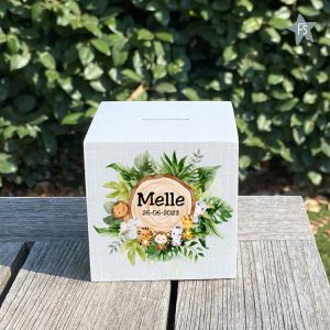 Houten spaarpot booomstam jungle met naam
