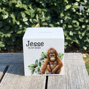 Houten spaarpot aapje met naam