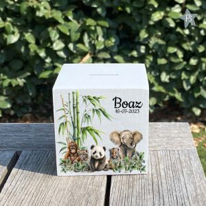 Houten spaarpot jungle dieren met naam