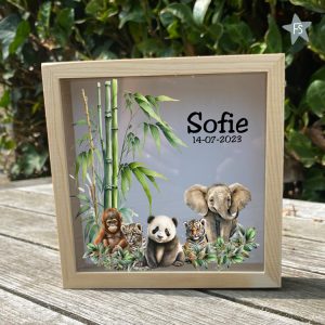 Houten Spaarpot met naam jungle dieren