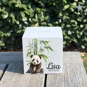 Houten spaarpot panda met naam