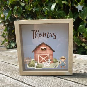 Houten Spaarpot farm met naam