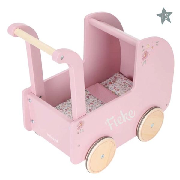Houten poppenwagen - Roze - Essentials incl. textiel  ( met naam )