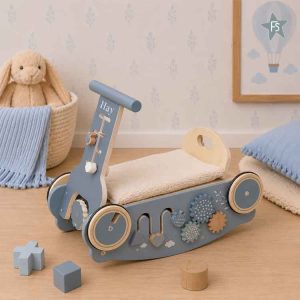 Kraamcadeau met naam | Label Label blauw Houten 3-in-1 Looptrainer / Loopauto ( met naam )