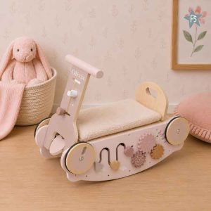 Kraamcadeau met naam | Label Label roze Houten 3-in-1 Looptrainer / Loopauto ( met naam )