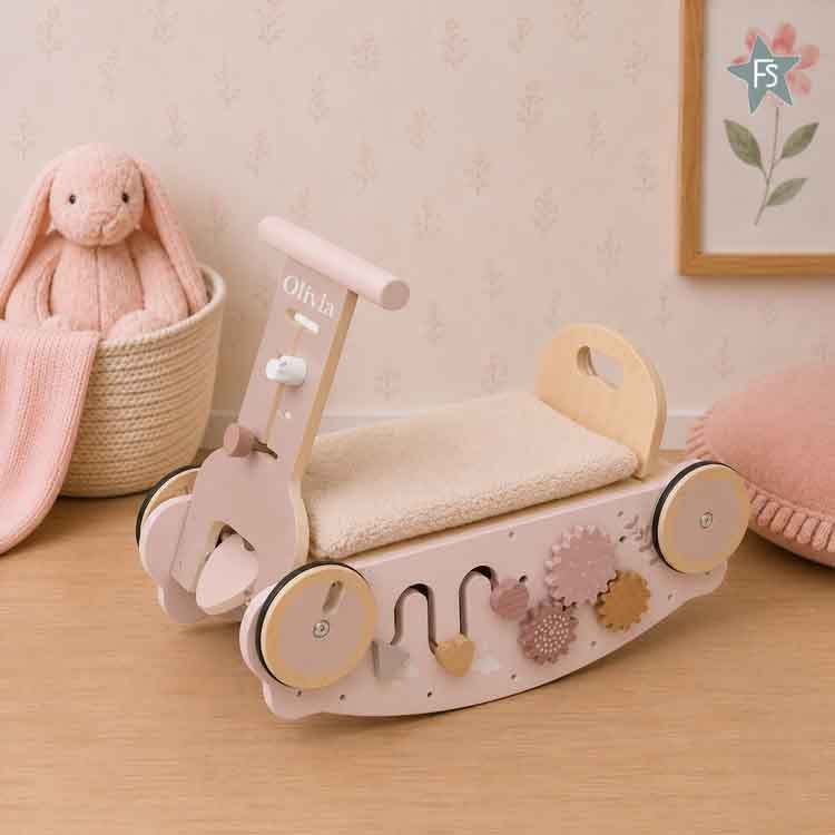 Kraamcadeau met naam | Label Label roze Houten 3-in-1 Looptrainer / Loopauto ( met naam )
