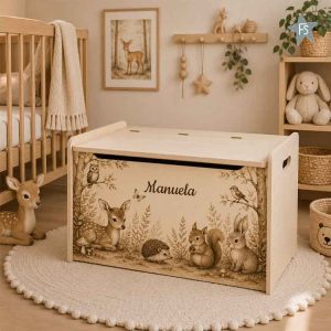 Kraamcadeau met naam | Houten speelgoedkist bosdieren met naam | Full coulor