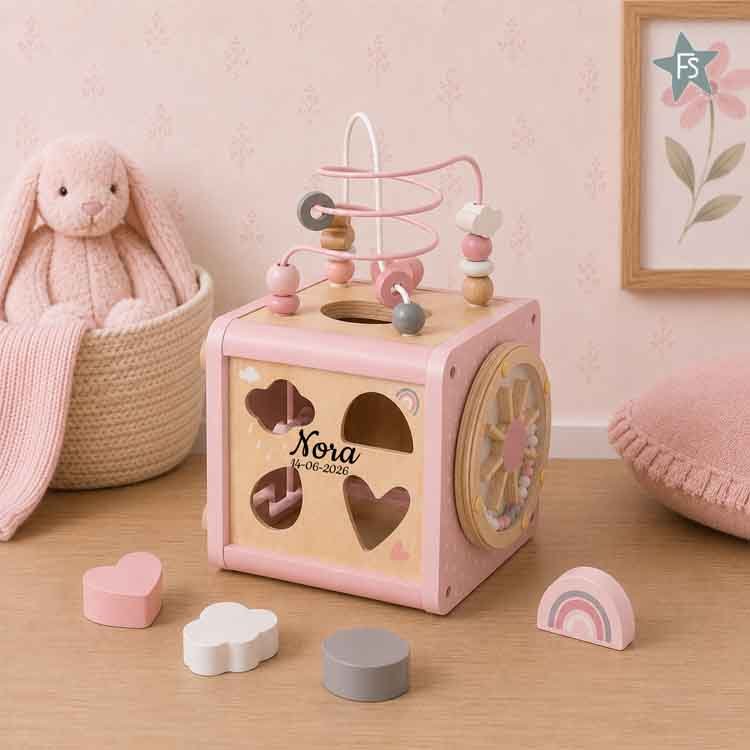 Kraamcadeau met Naam | Label Label Houten Activiteitenkubus Roze ( met naam en geboortegegevens )