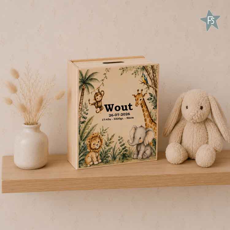 Kraamcadeau met naam | Houten spaarpot boek met jungledieren 2 met naam / geboortegegevens