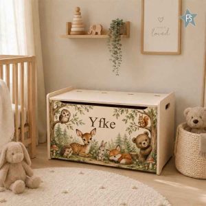 Kraamcadeau met naam | Houten speelgoedkist bosdieren met naam | Full coulor
