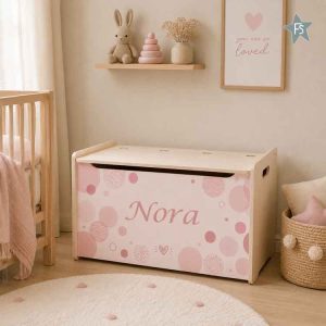 Kraamcadeau met naam | Houten speelgoedkist dots roze met naam | Full coulor