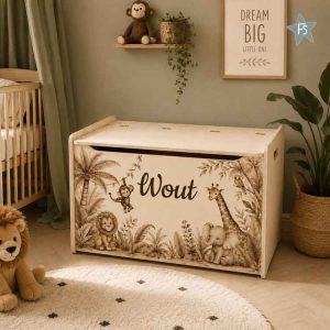 Kraamcadeau met naam | Houten speelgoedkist jungle dieren met naam | Full coulor sepia