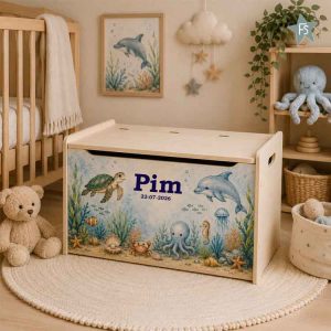 Kraamcadeau met naam | Houten speelgoedkist zeedieren met naam | Full coulor