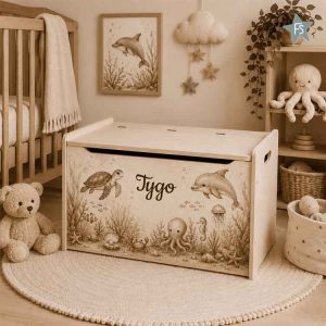 Kraamcadeau met naam | Houten speelgoedkist zeedieren met naam | Full coulor sepia
