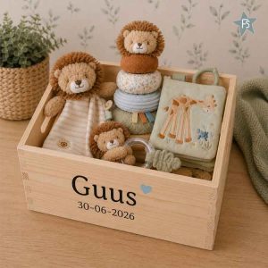 Kraamcadeau met naam | kistje gevuld met little Dutch Safari Friends ( met naam )