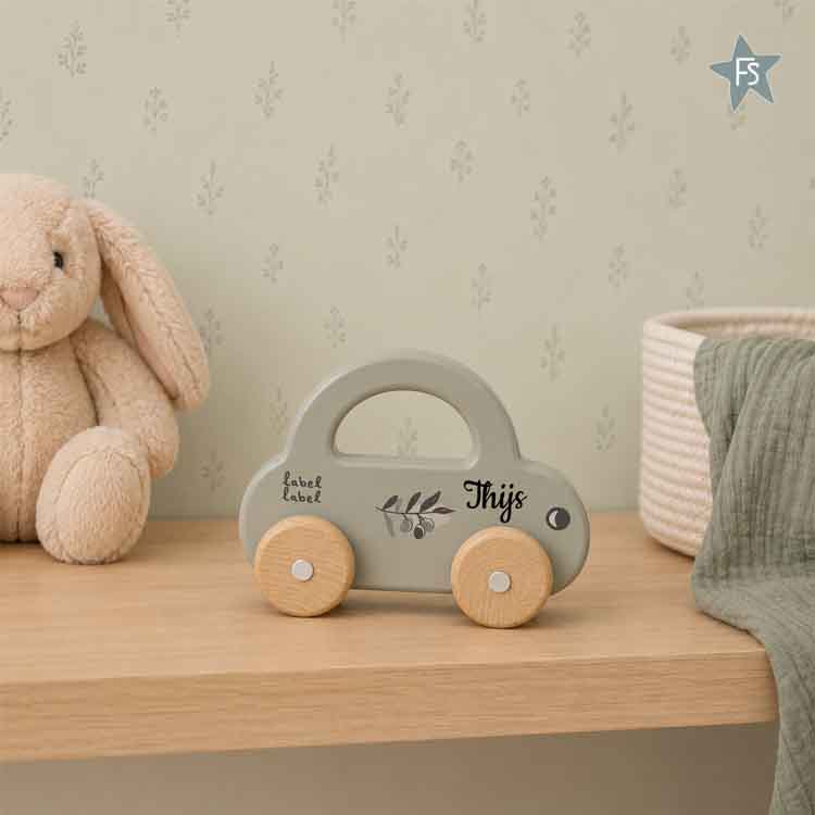 Label Label houten auto met handvat Olijf (met naam)