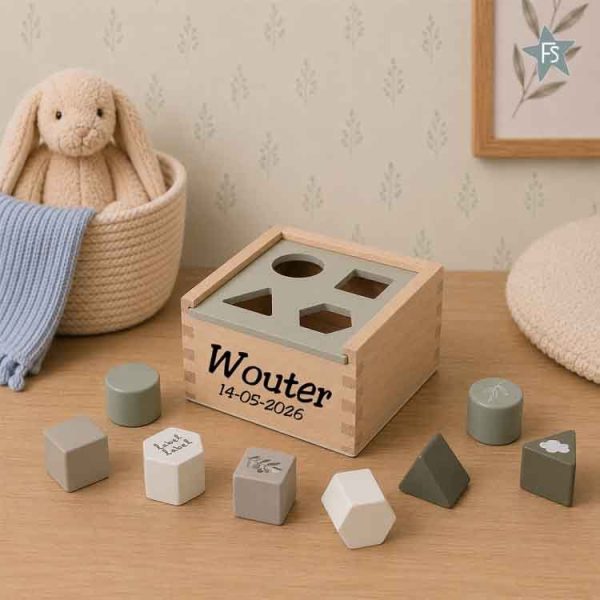Label Label olive green houten vormenstoof ( met naam en geboortegegevens )