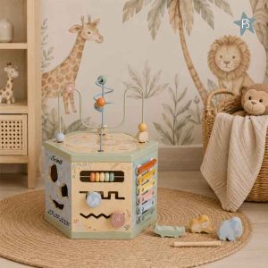 kraamcadeau met naam | Little Dutch Safari Friends Activiteitenkubus ( met naam en geboortegegevens )