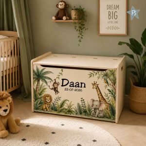 Kraamcadeau met naam | Houten speelgoedkist jungle dieren met naam | Full coulor