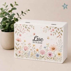 Herinneringenkist met Naam – Bloemen | Gepersonaliseerde Houten Bewaarkist