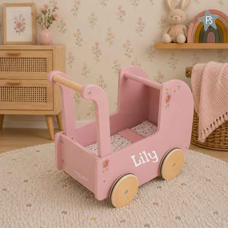 Houten poppenwagen met naam