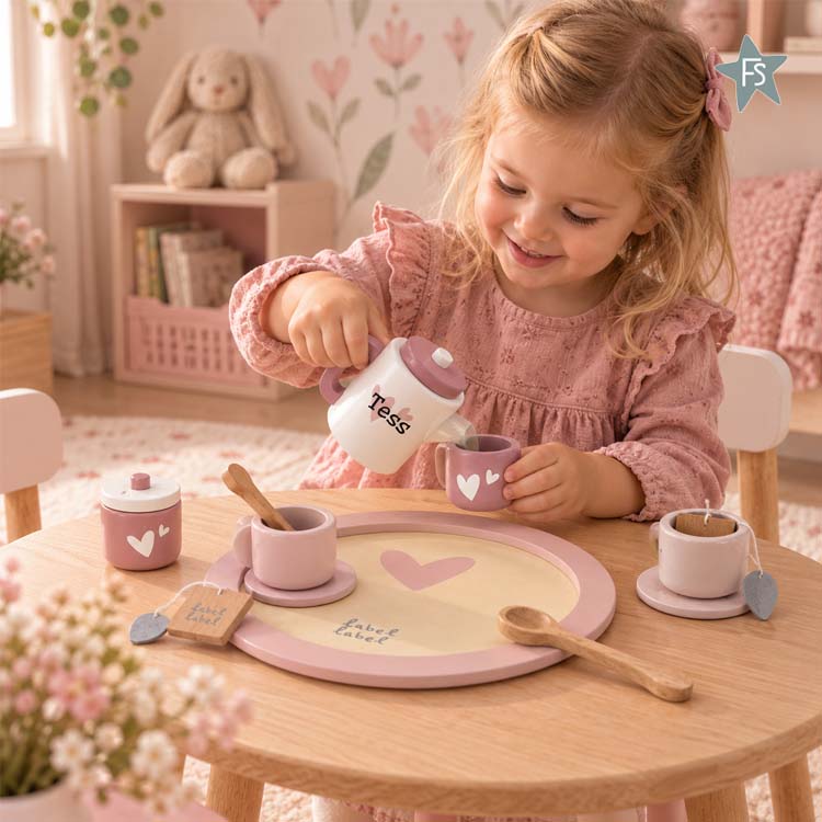 Kraamcadeau met naam | Label Label theeservies Roze ( met naam en geboortegegevens )