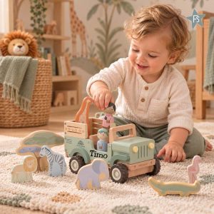 Little Dutch Houten safari auto met dieren (met Naam) | Persoonlijk Kraamcadeau