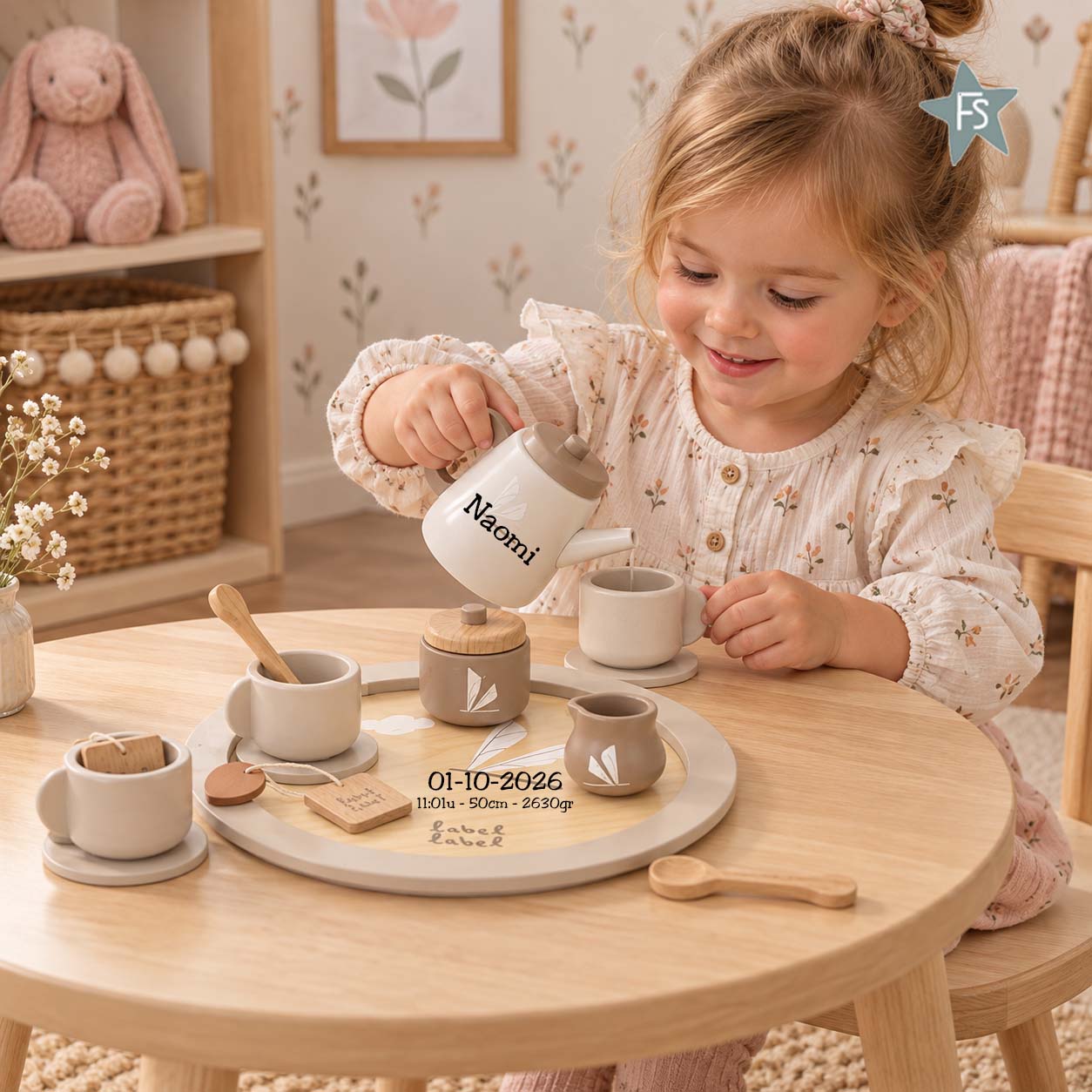 Kraamcadeau met naam | Label Label theeservies Olive ( met naam en geboortegegevens )
